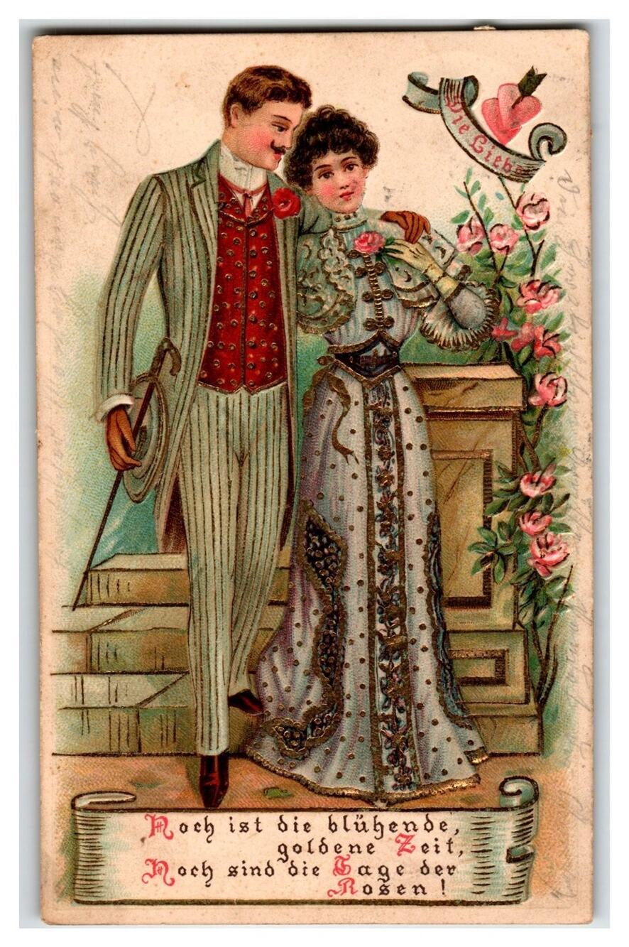 1909 Leipzig German Embossed Postcard Romantic Couple Roses "Liebe gibt"
